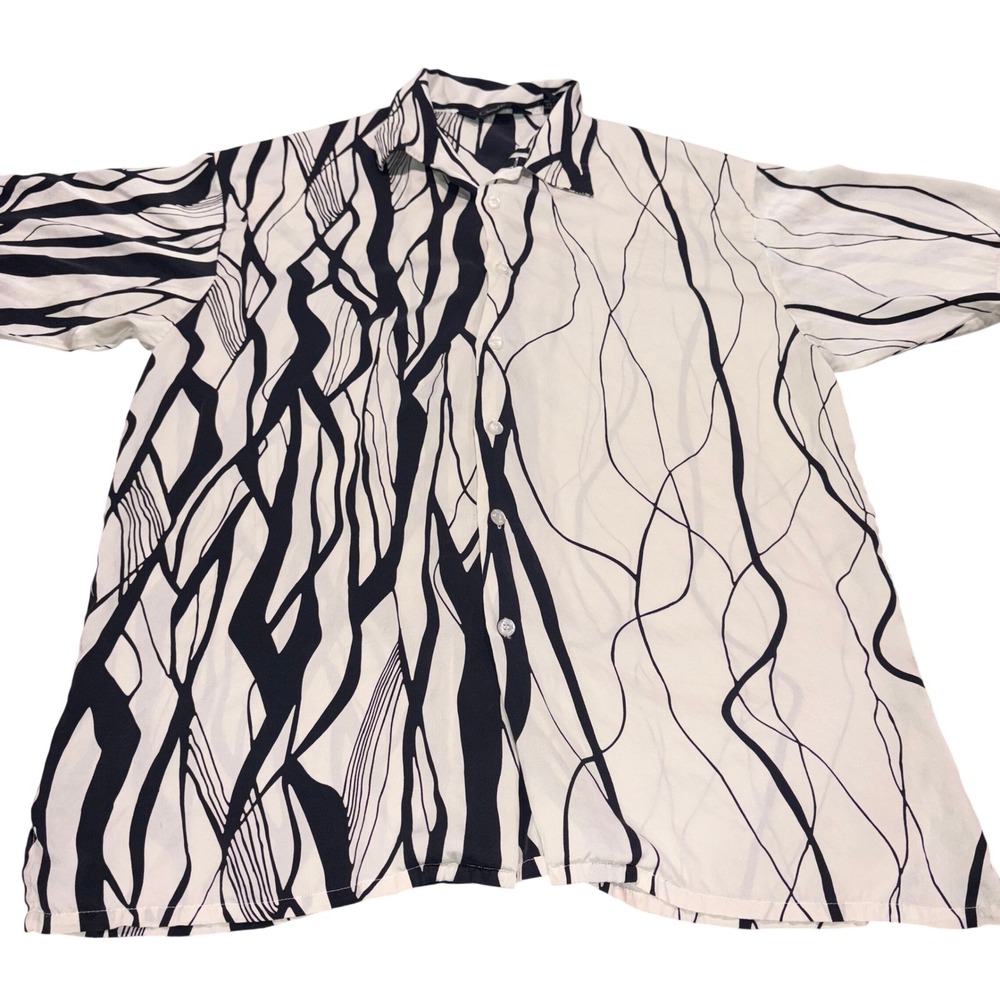 Vintage 100% Silk Abstract Print Button Down Shirt Medium White Black Genelli